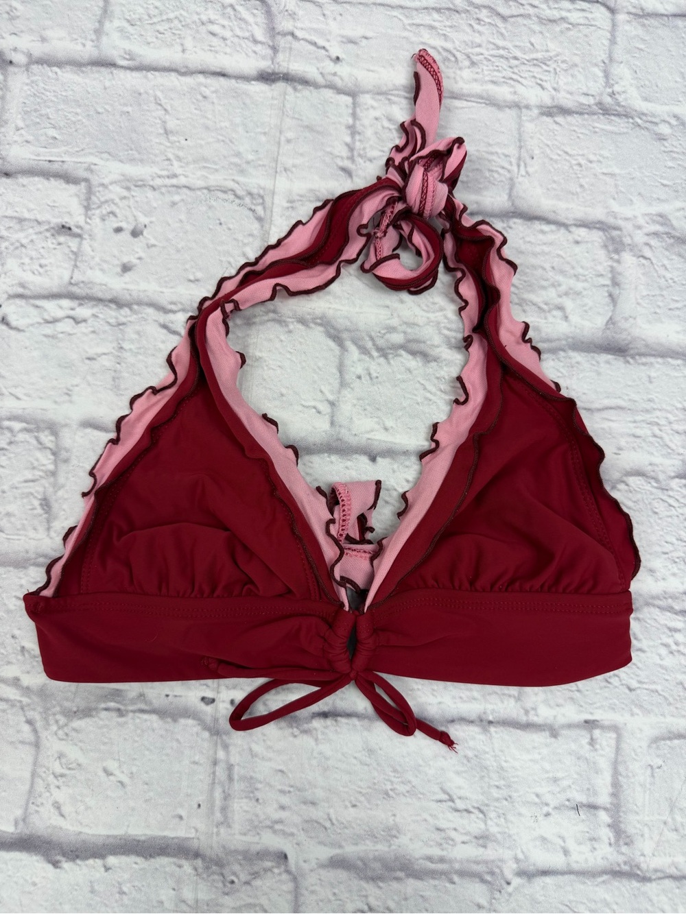 Robin Piccone Ruffle Trim Halter Bikini Top in Pink & Burgundy Swim Beach Pool